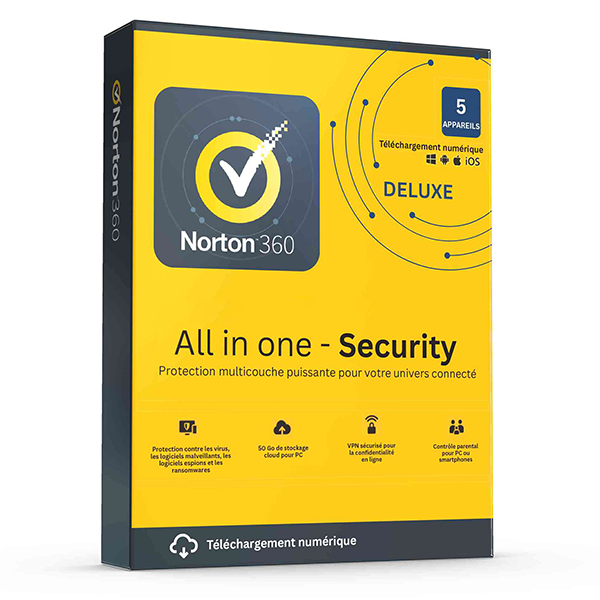 Norton 360 Deluxe - 5 appareils 1 an + 50GB Cloudbackup + VPN
